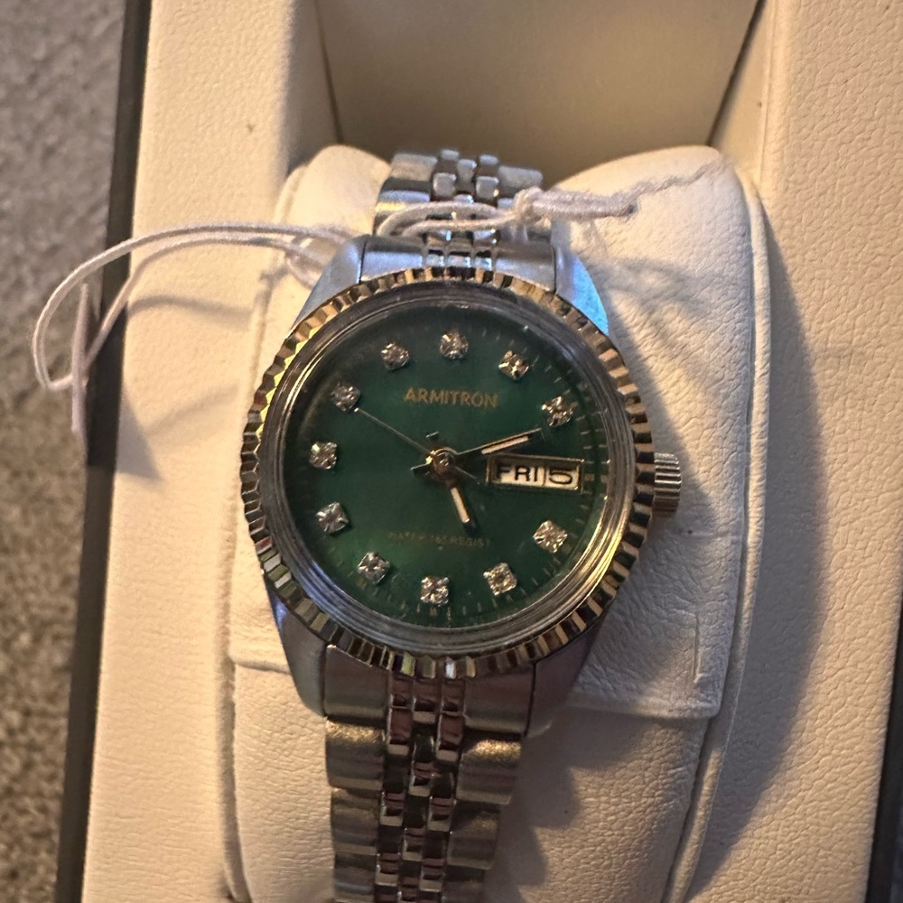 Armitron Silver Bracelet Watch with Green Dial and Crystal Markers - Picture 2 of 4